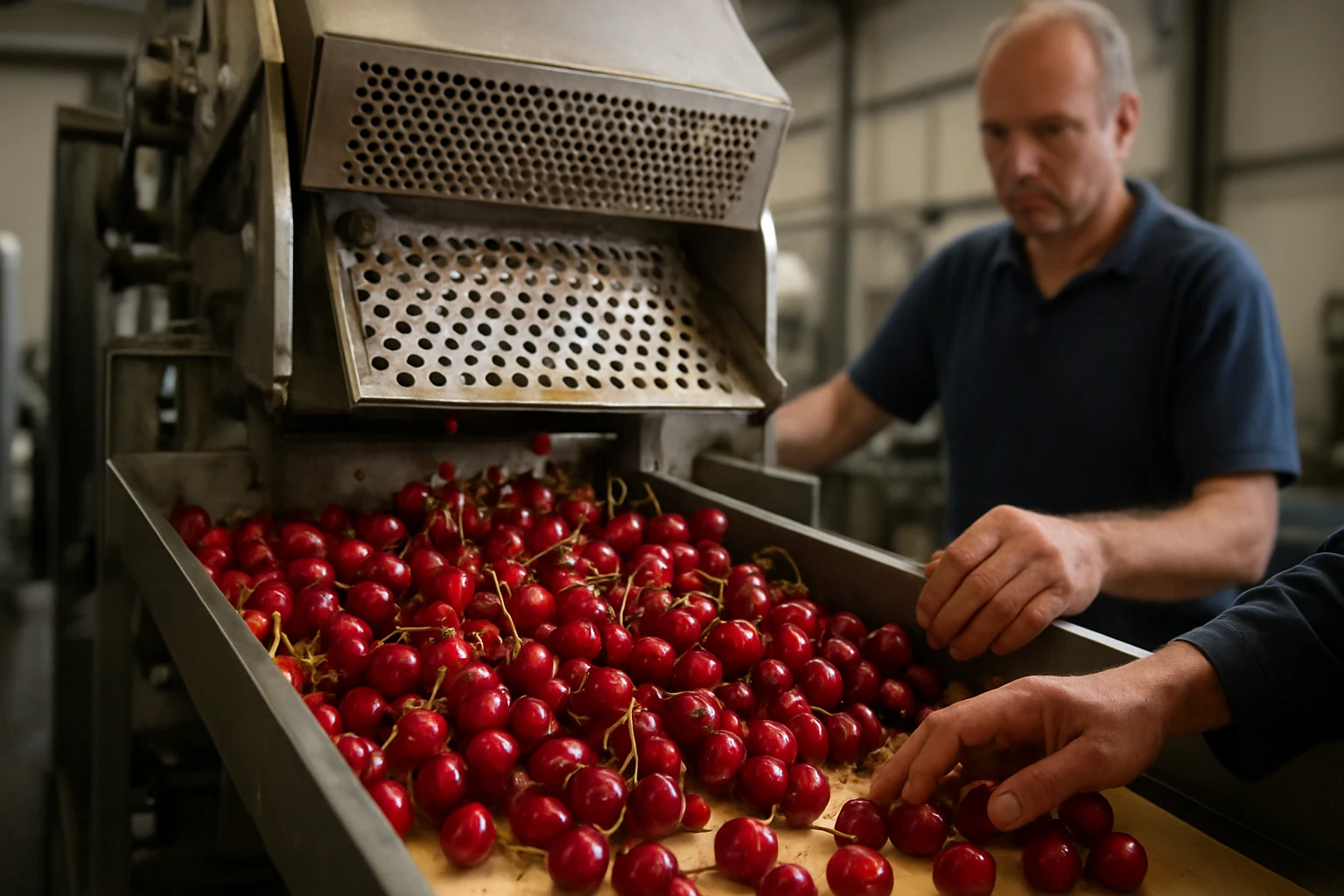 Strojové odstraňovanie čerešňových kôstok v spracovateľskom závode.