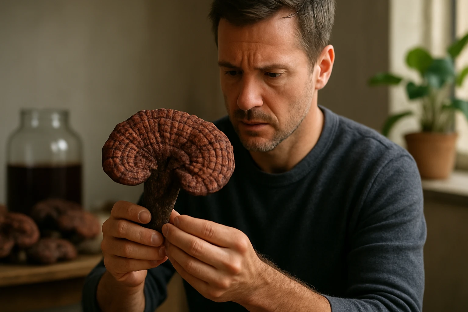 Muž skúma čínsku húsenicovú hubu pre jej zdravotné výhody.