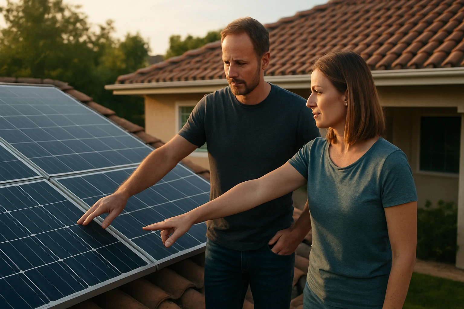 Pár skúma solárne panely na streche svojho domu