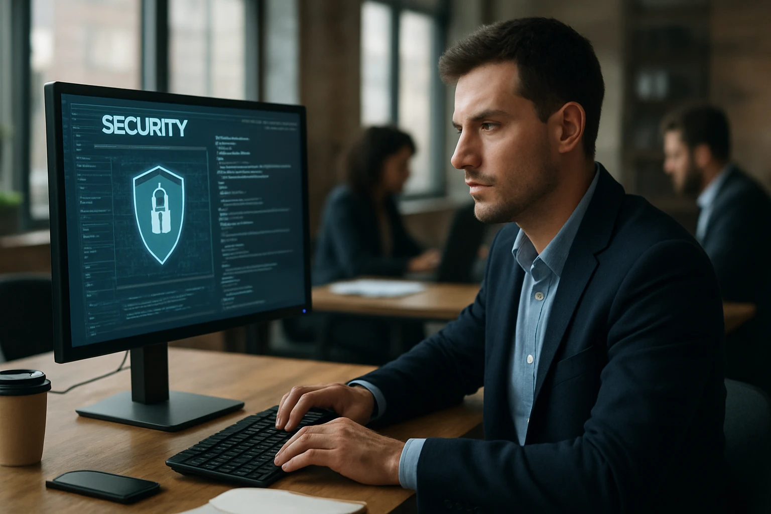 Muž pracujúci na bezpečnostnom IT projekte za počítačom