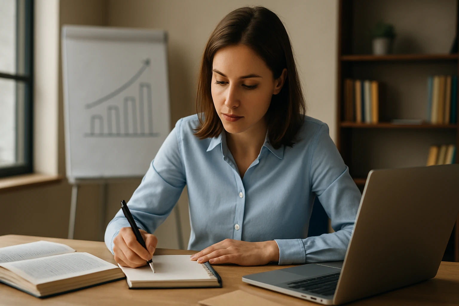 Žena plánuje svoju kariéru s poznámkovým blokom v kancelárii