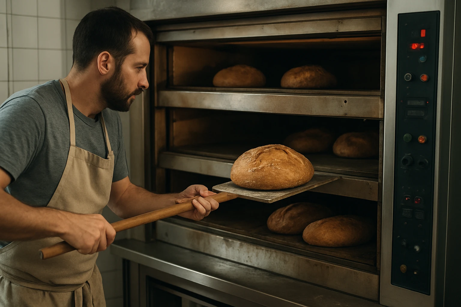 Pekár s etážovou pecou, ktorý pečie chlieb s dokonalou chrumkavou kôrkou.