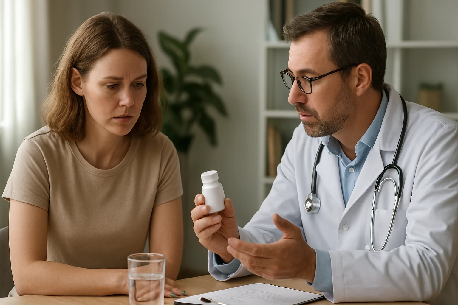 Lekár diskutuje o lieku Trexan s pacientkou počas terapie.