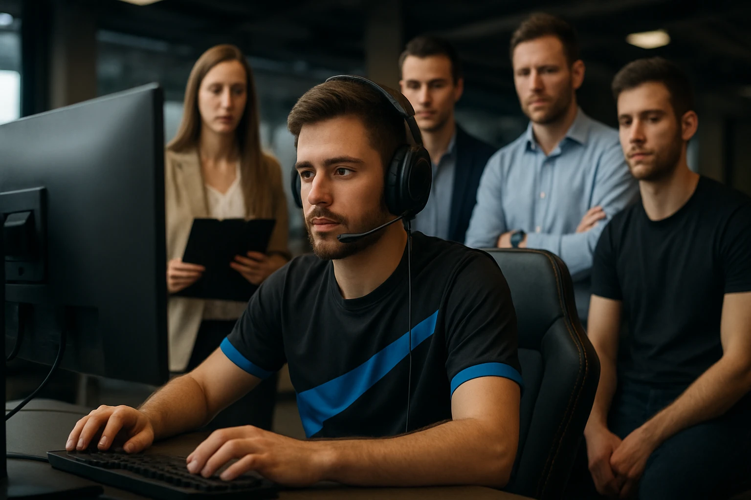 E-športový profesionál počas tréningu s tímom