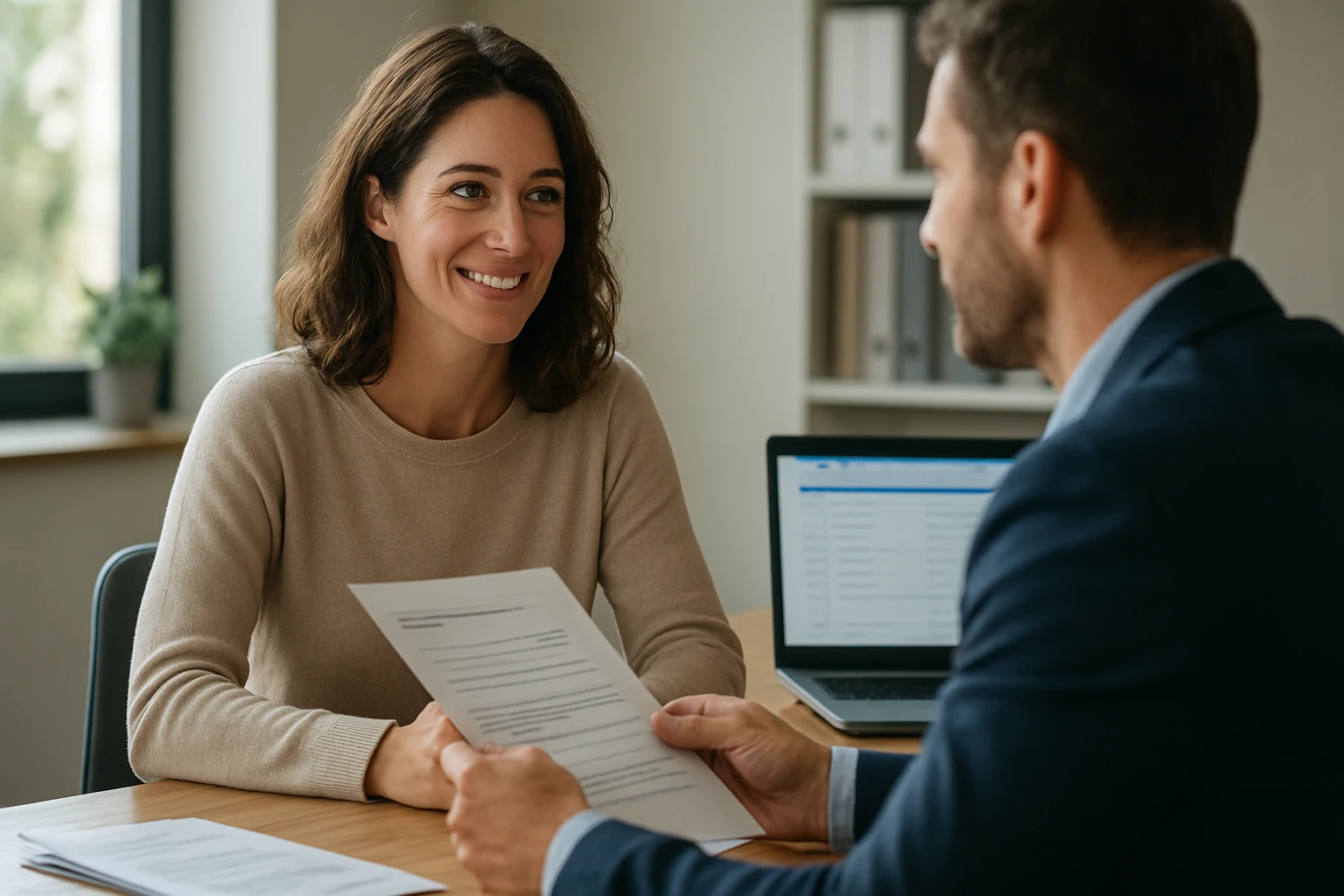 Mladá žena sa usmieva a konzultuje so zástupcom zdravotnej poisťovne.