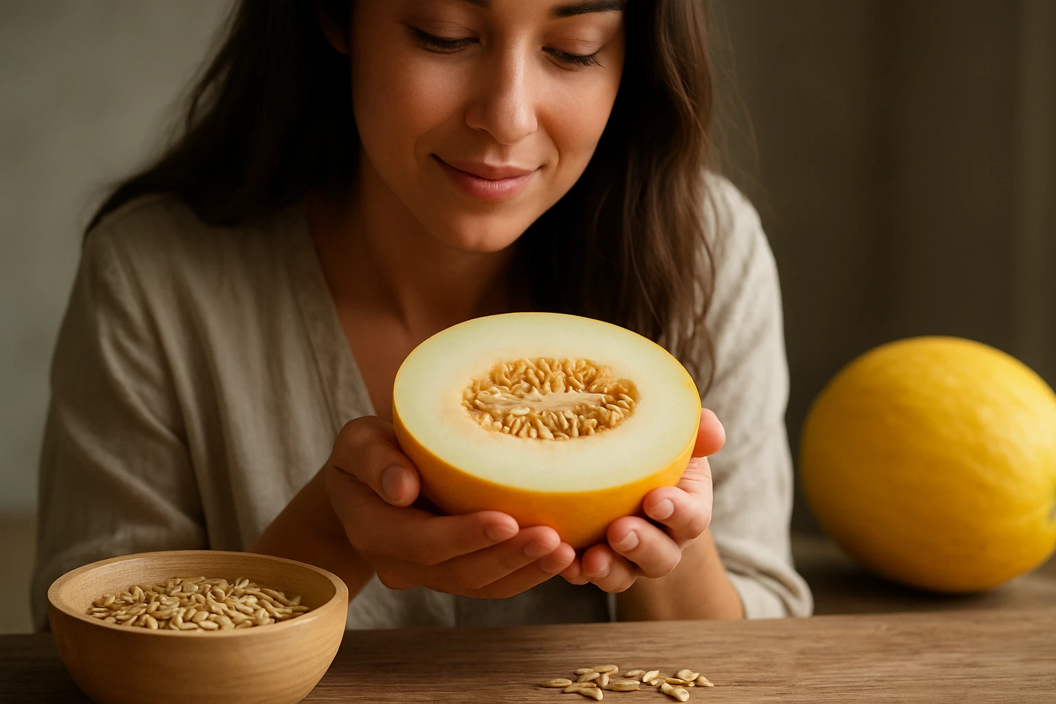Žena drží žltý melón s jeho semenami, objavuje jeho zdravotné výhody.