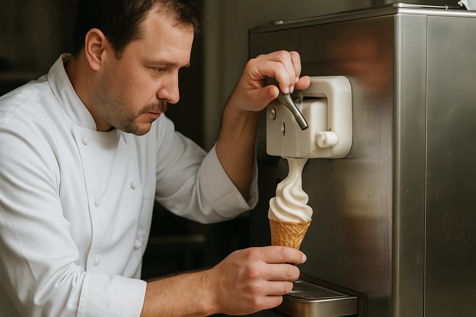 Kuchár podáva zmrzlinu z profesionálneho zmrzlinového stroja.