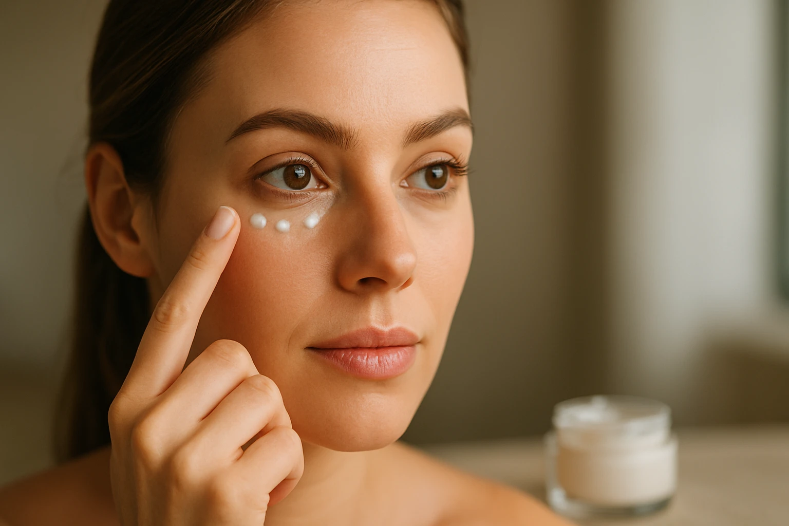 Žena nanášajúca hydratačný krém na viečka pre očarujúci pohľad.