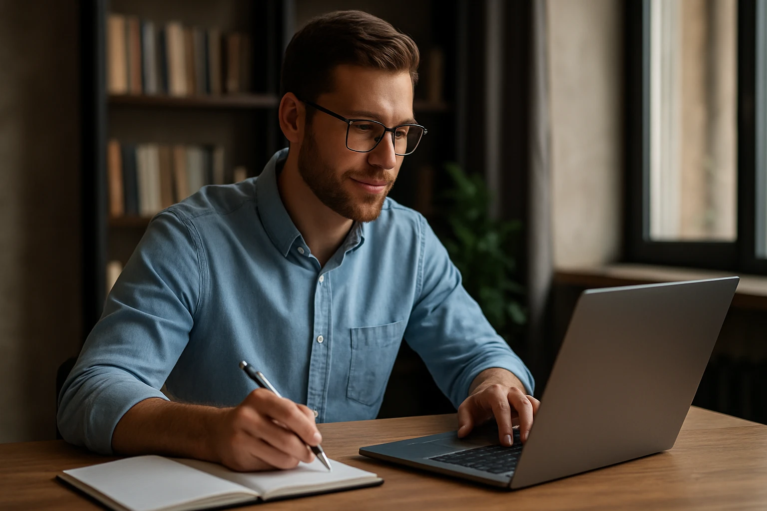 Muž pracuje na laptopu a zapisuje si poznámky do notísku.