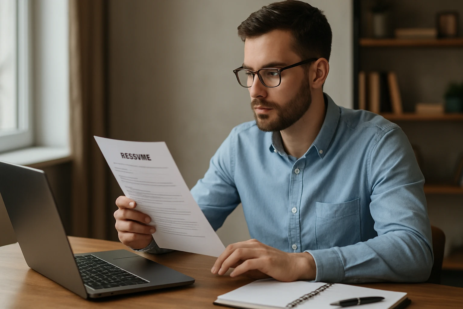 Muž prezerajúci životopis pri počítači počas hľadania práce.