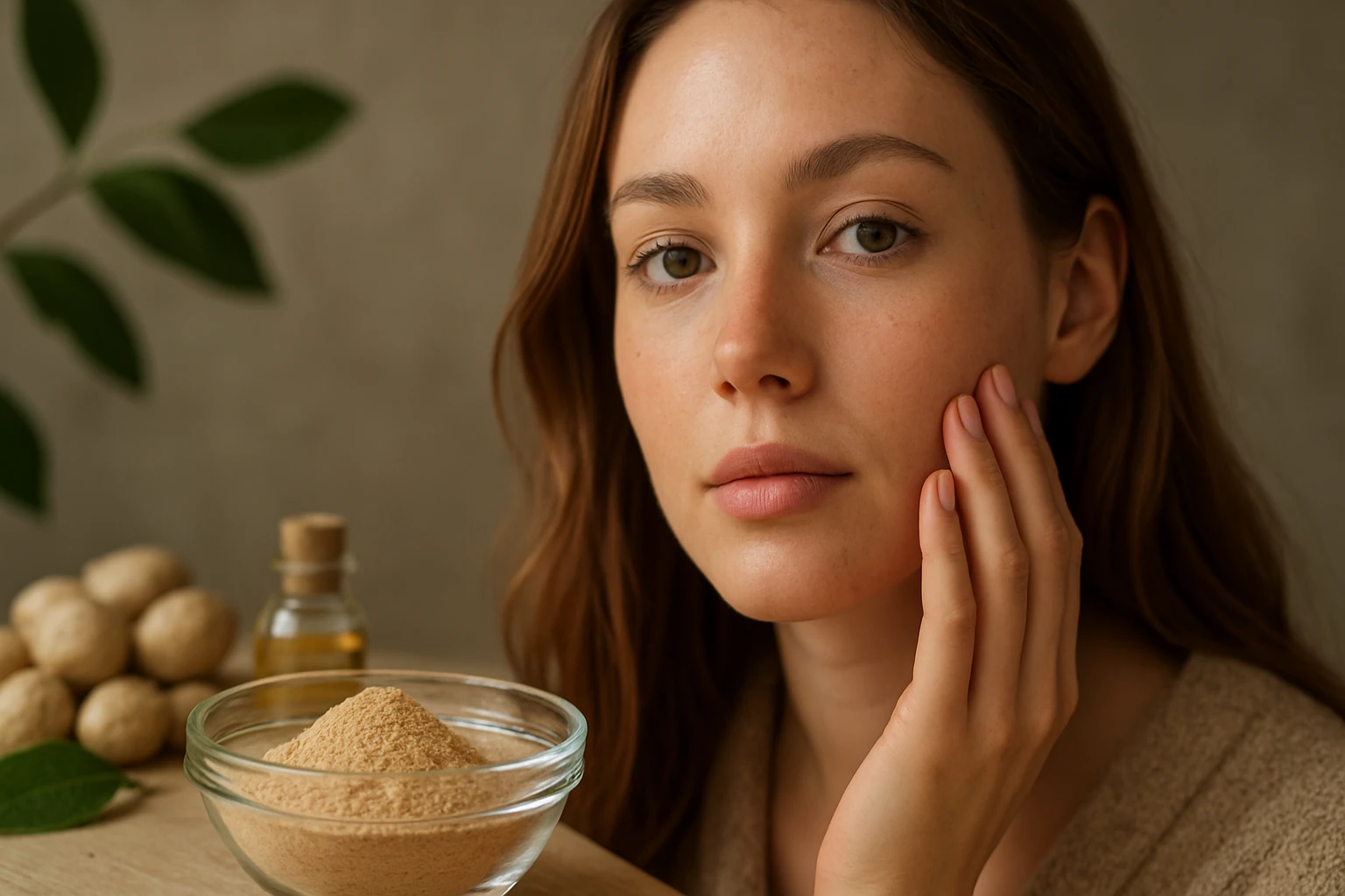 Žena s krásnou pleťou dotýkajúca sa tváre, v pozadí prírodné zložky.