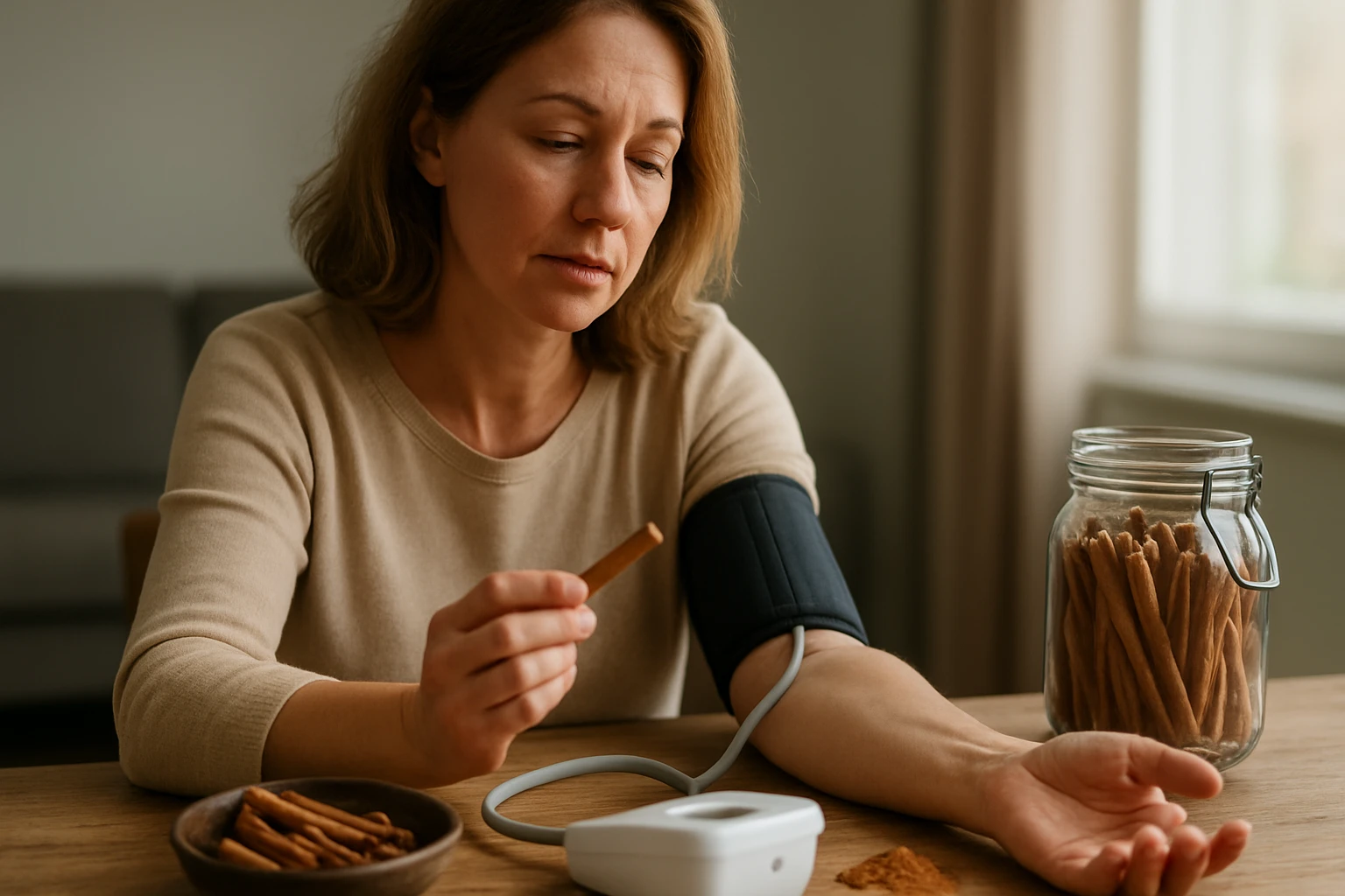Žena merajúca krvný tlak s tyčinkami škorice na stole.