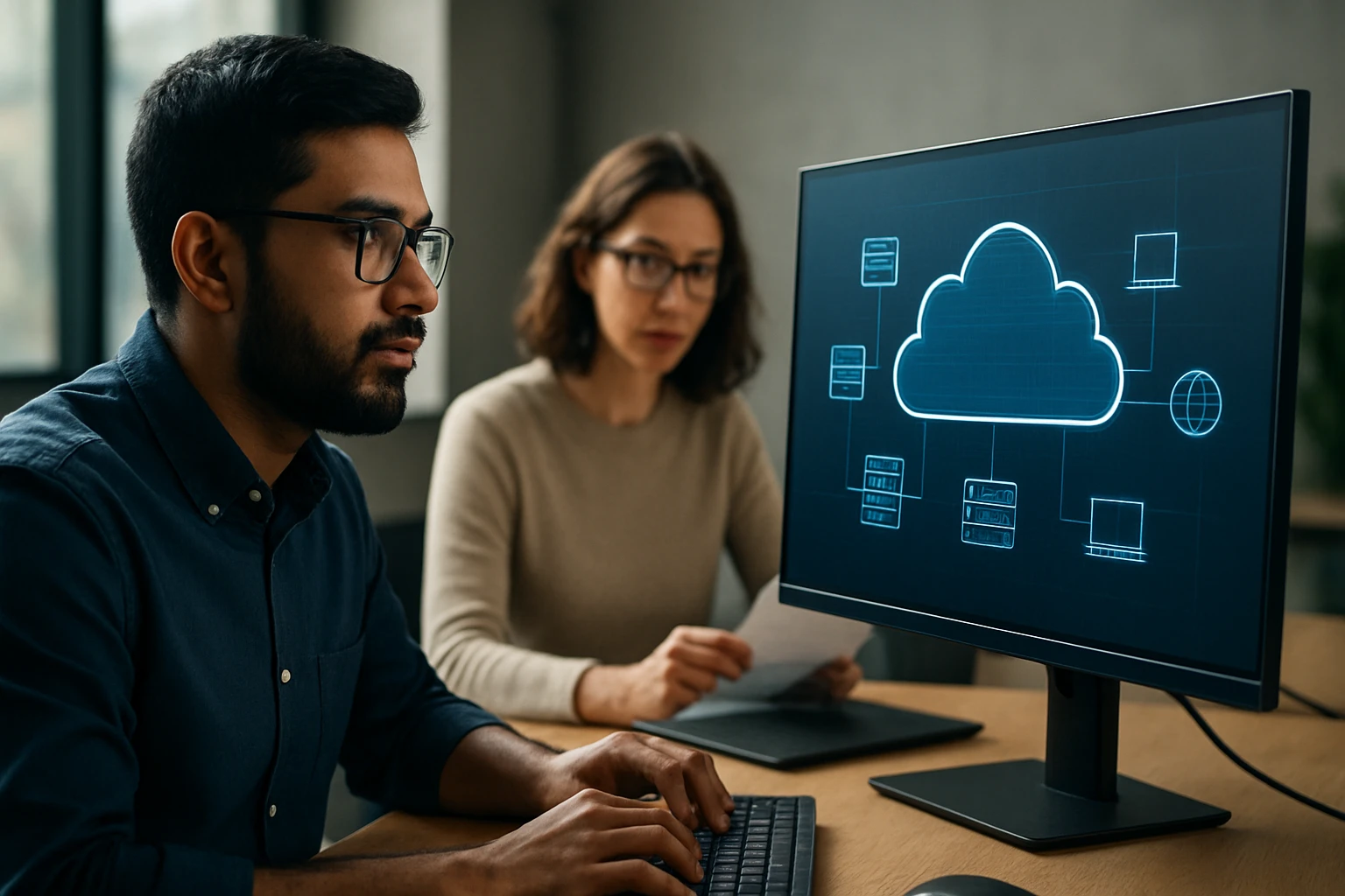 Dvaja odborníci analyzujú cloudové architektúry pri počítači