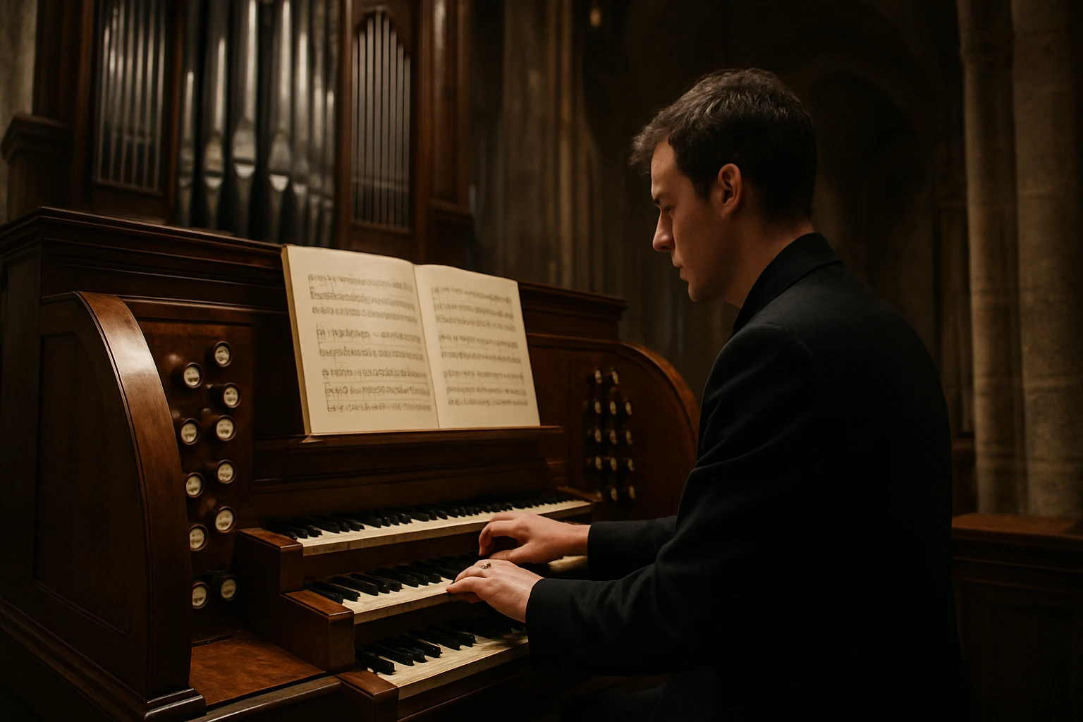 Muž hrá na chrámový organ v historickej budove.