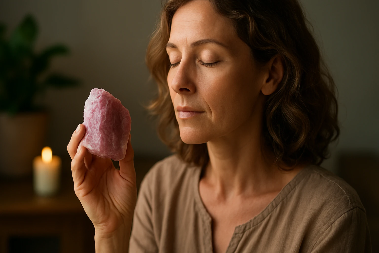 Žena meditujúca s ružovým turmalínom pre emocionálne uzdravenie.