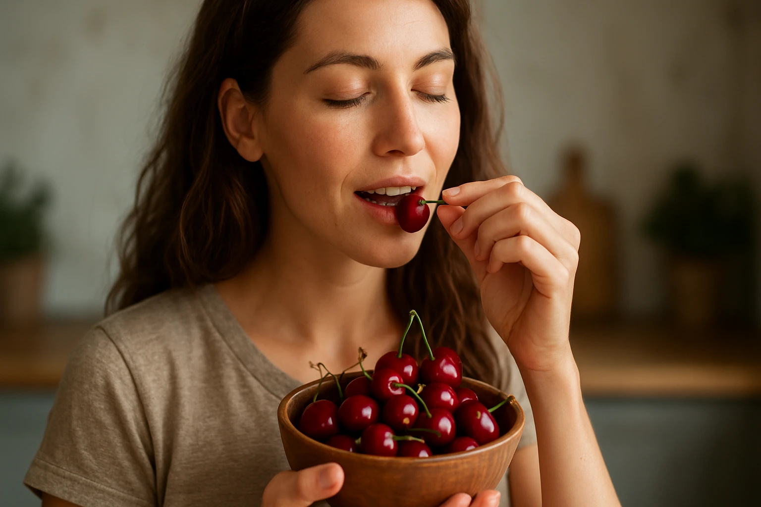 Žena si vychutnáva čerešne z misy v kuchyni.