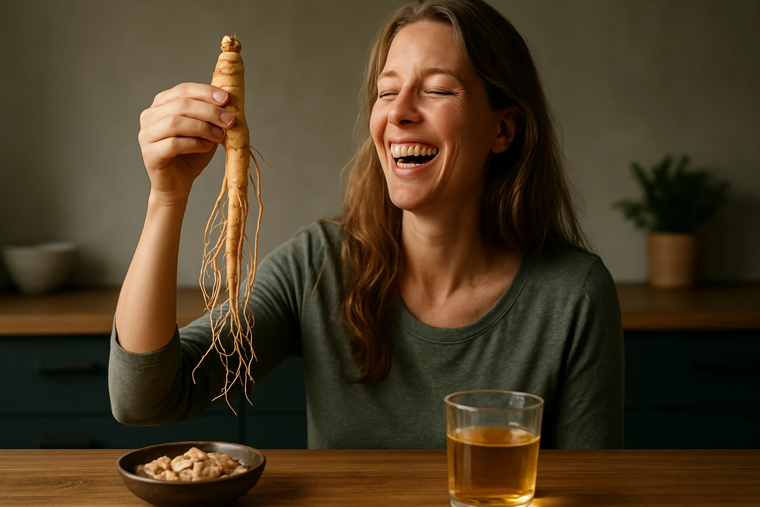Žena s ženšenovým koreňom, symbol energie a vitality.