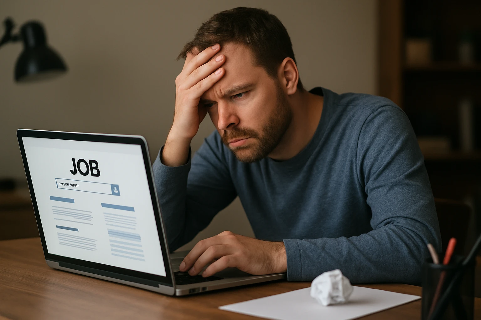 Muž frustrovaný pri hľadaní online zamestnania.