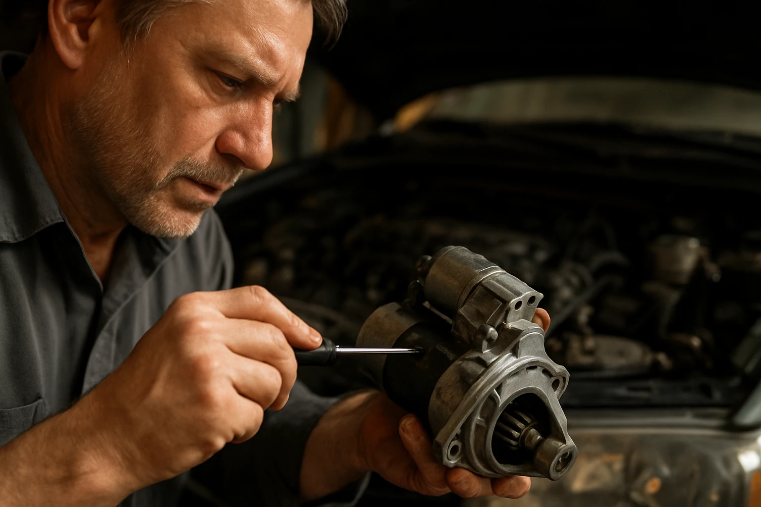 Mechanik skúma motorový štartér v servise auta.