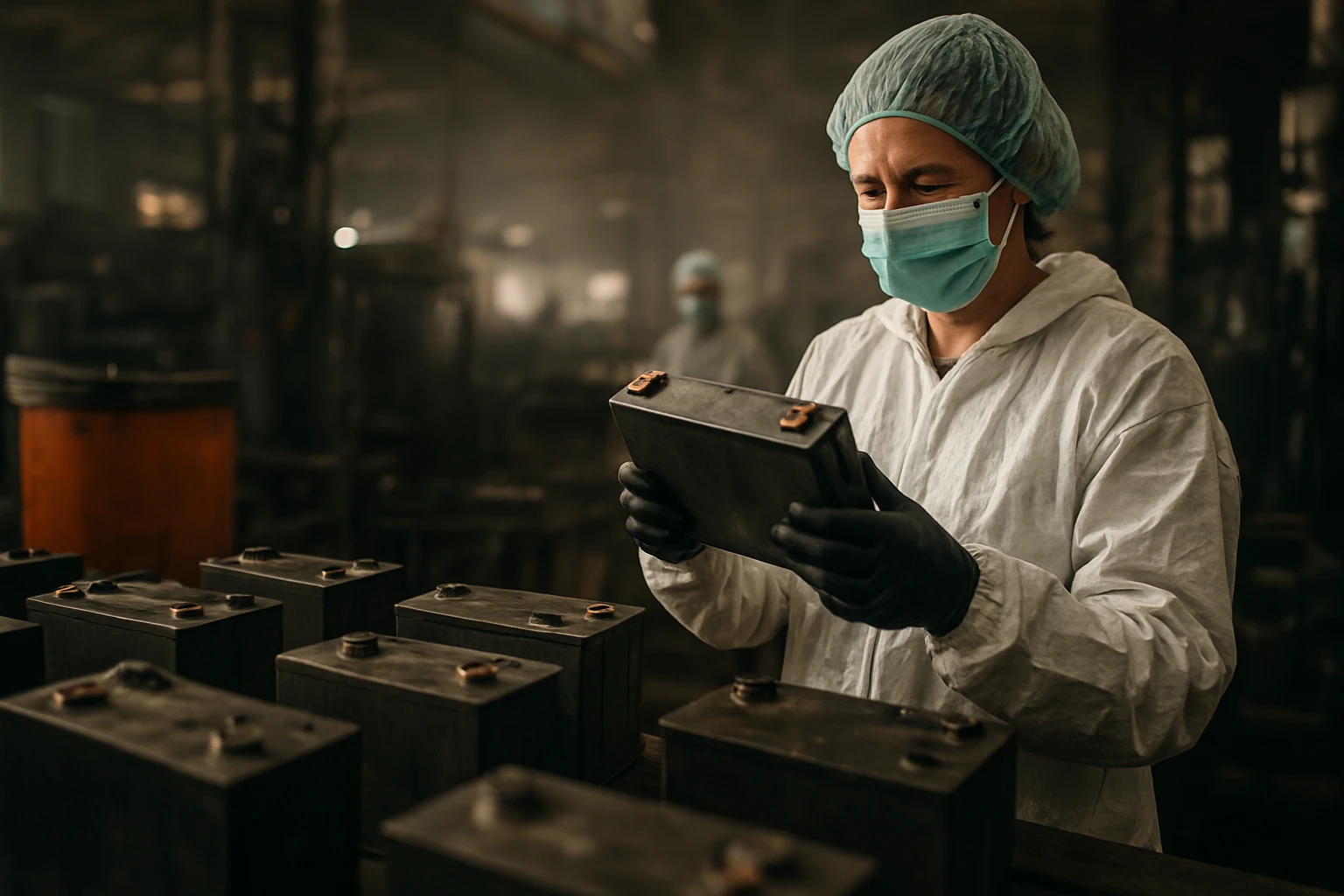 Pracovník v ochrannom oblečení kontroluje výrobu batérií v závode.