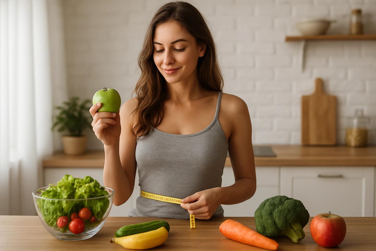 Žena s jablkom a meracou páskou, zdravá výživa na stole.