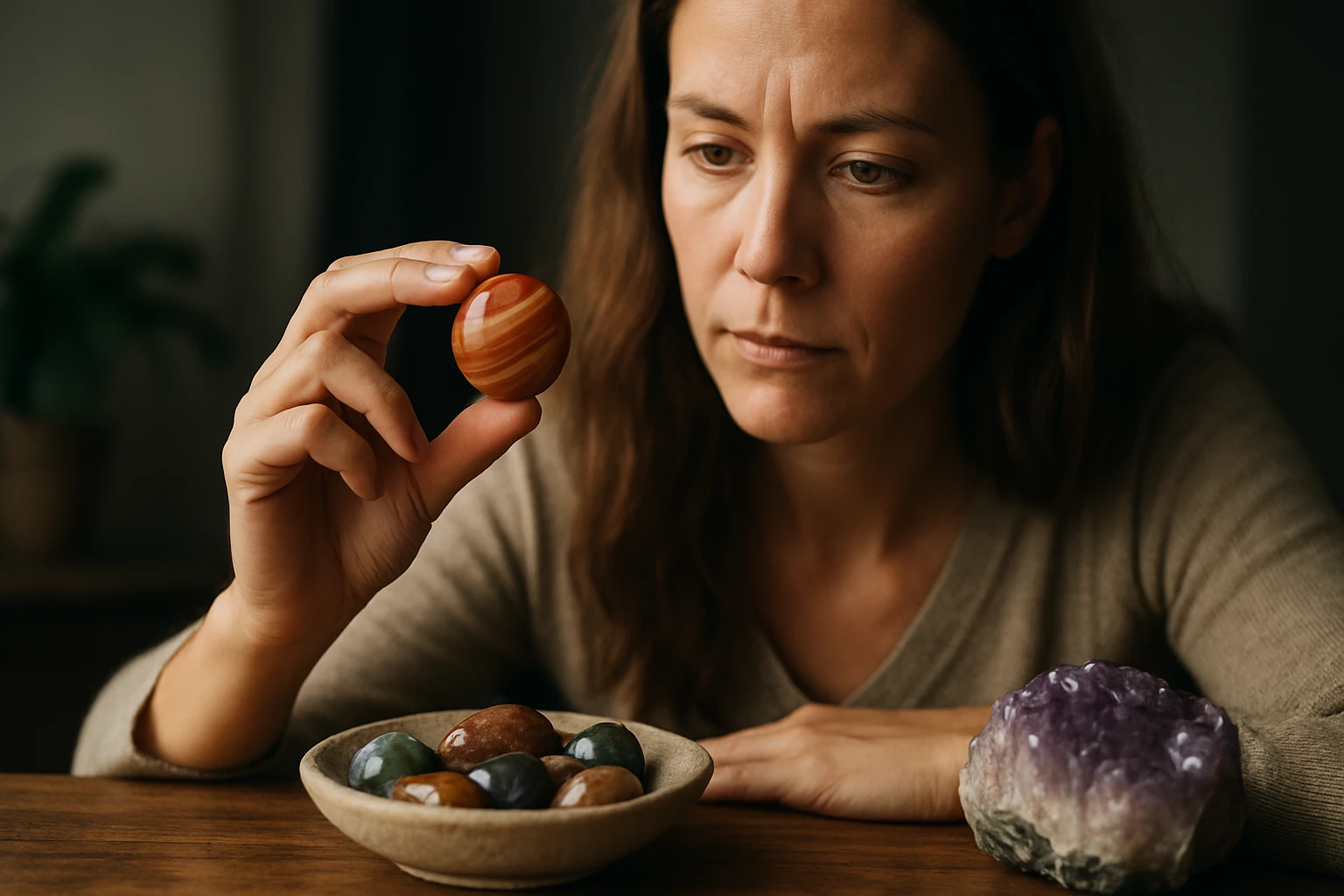 Žena skúma achátovú perlu v rukách so šťastnými kameňmi na stole.