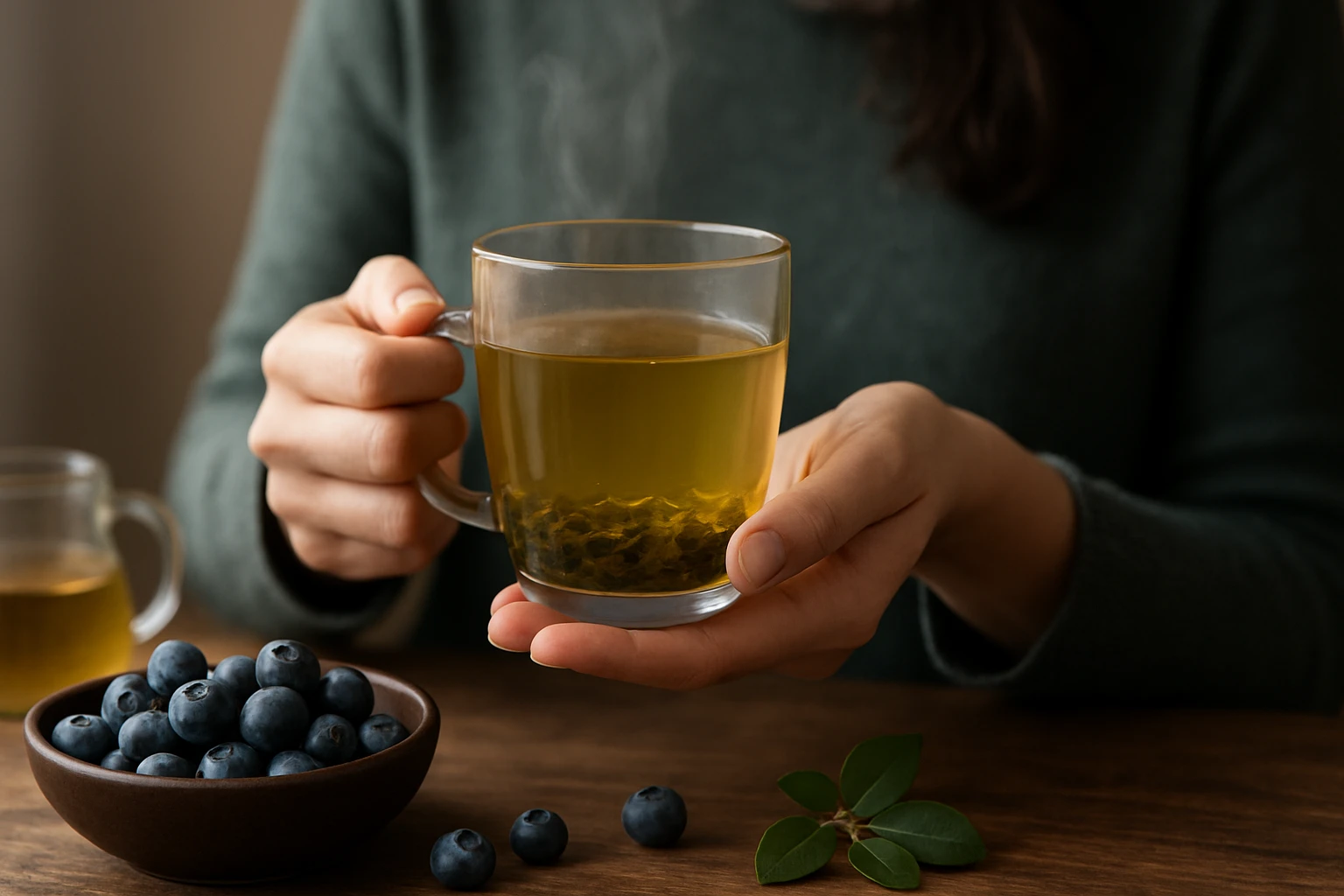 Čaj z listov čučoriedky v sklenej šálke s čučoriedkami na stole