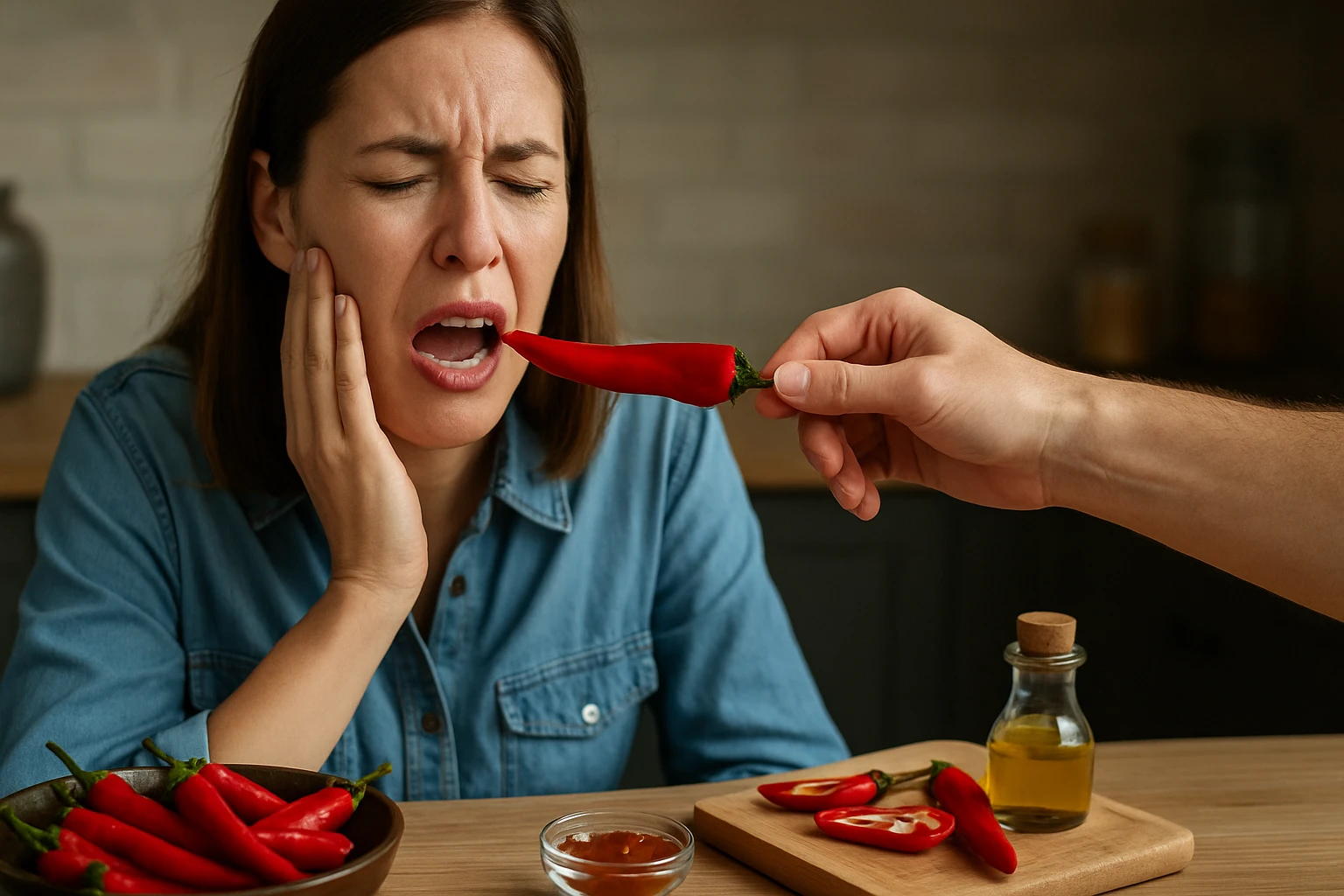 Žena reaguje na pálivú papriku pri varení v kuchyni.