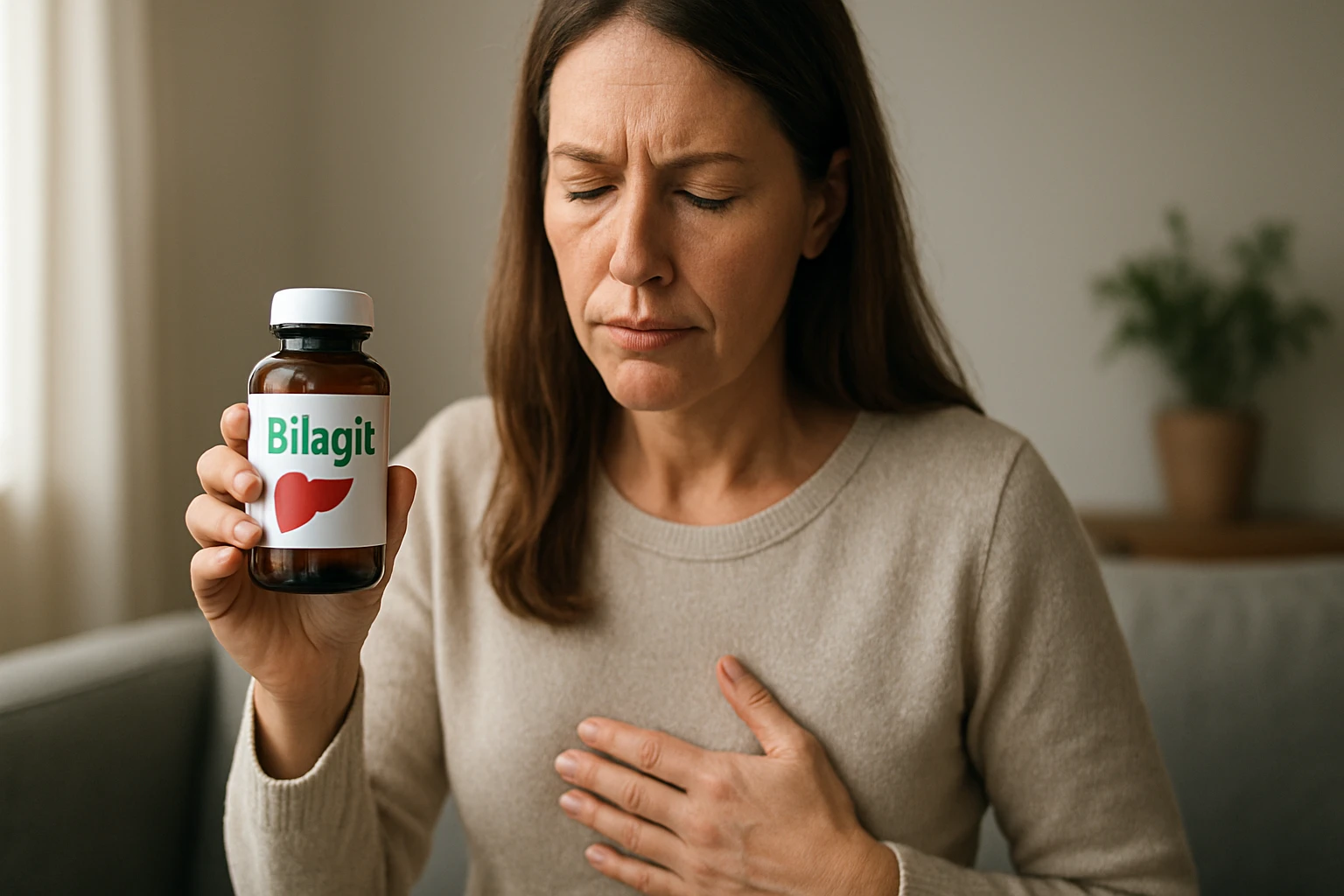 Žena drží fľašu Bilagitu a vyzerá zamyslene, zameraná na zdravie pečene.