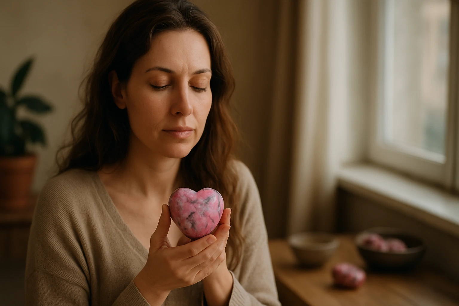 Žena drží srdcovitý rodonit a hľadí naň s emocionálnym pokojom.