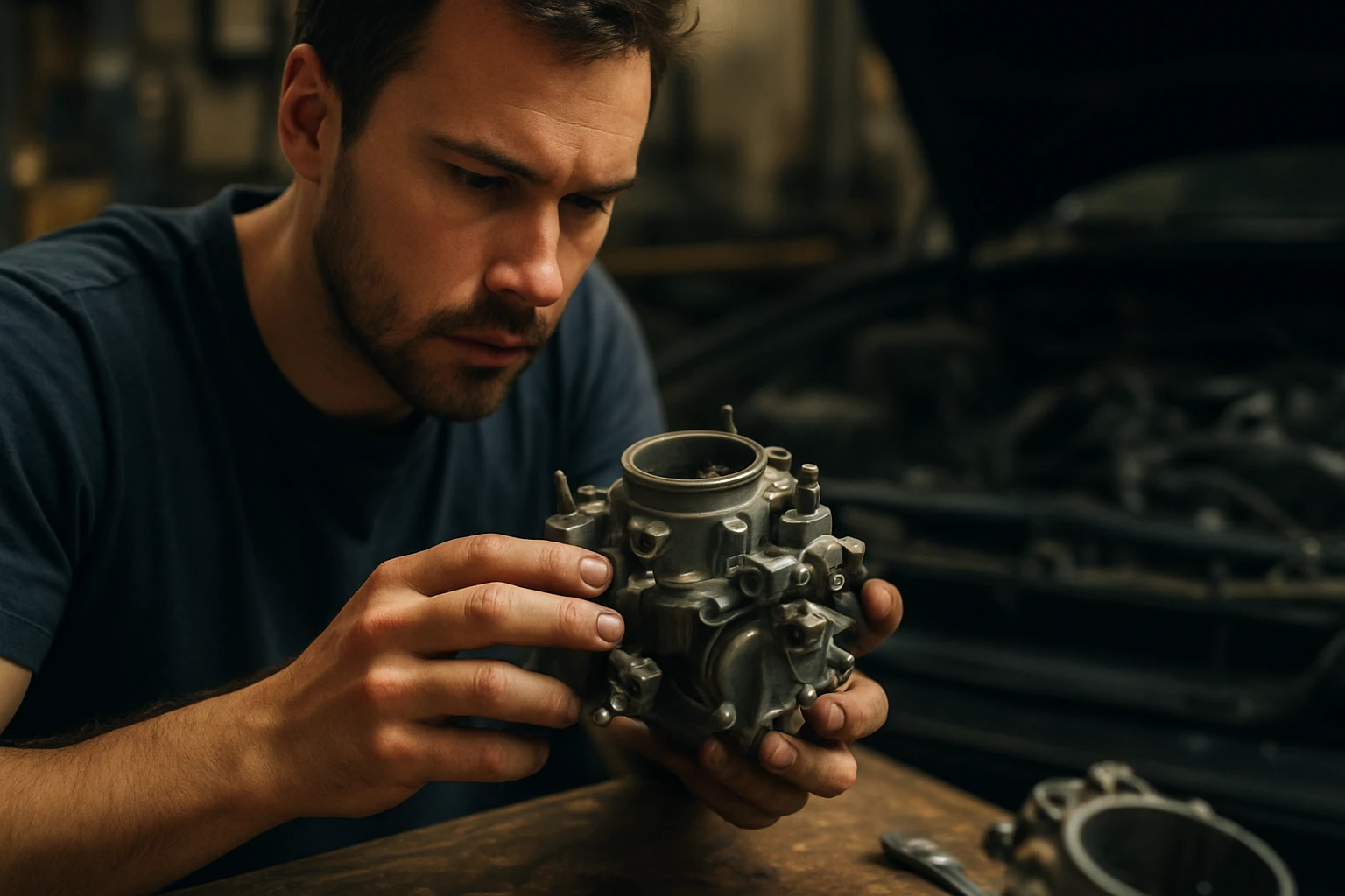 Mechanik skúma voľnobežnú trysku motora pre optimálny výkon.