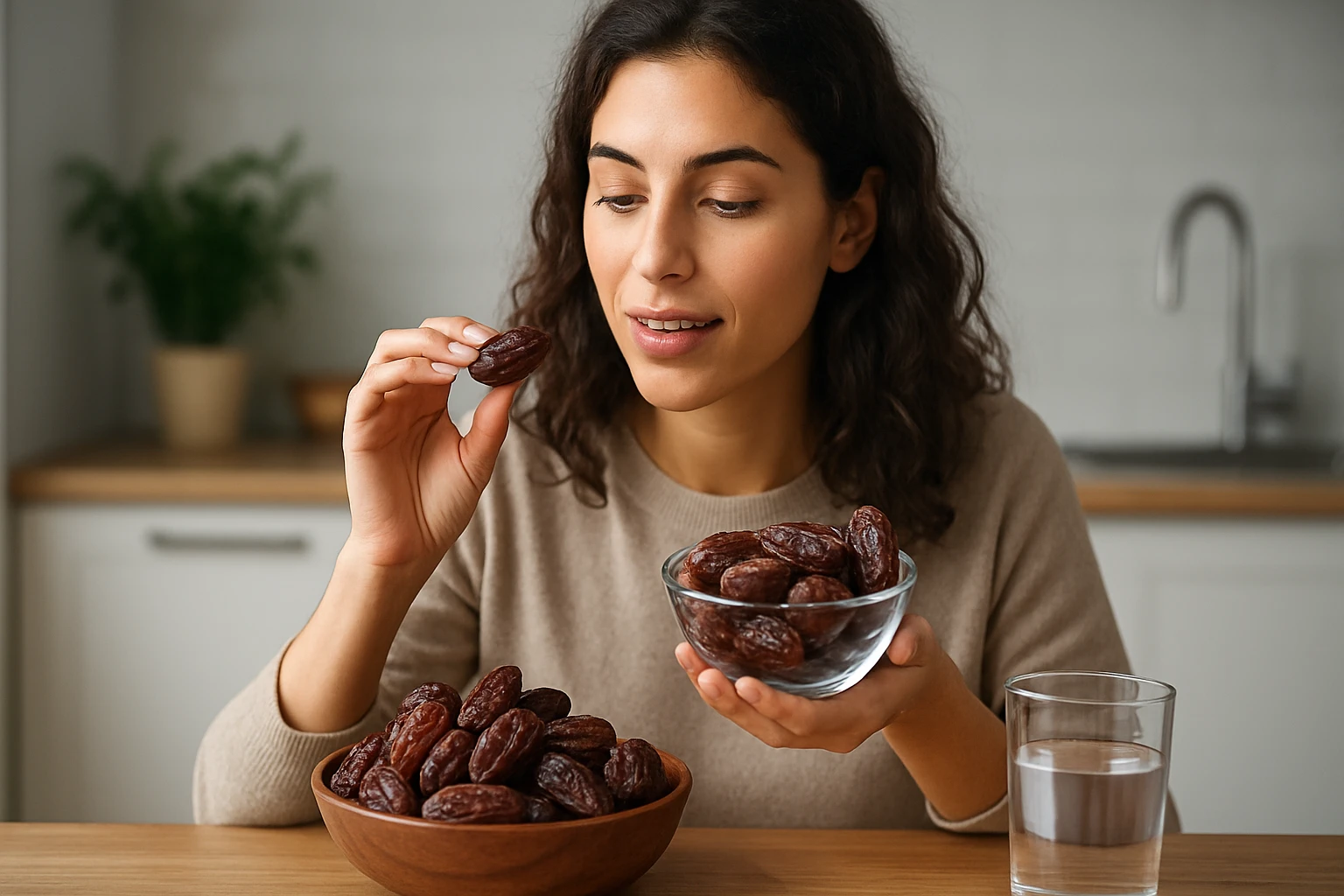 Žena s datľami v ruke a misou na stole, vychutnávajúca si zdravú pochúťku.