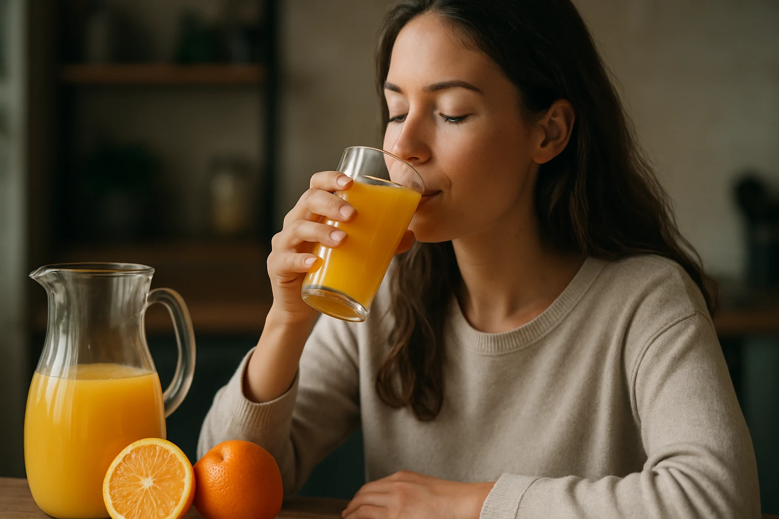 Žena si vychutnáva 100% pomarančový džús z pohára.