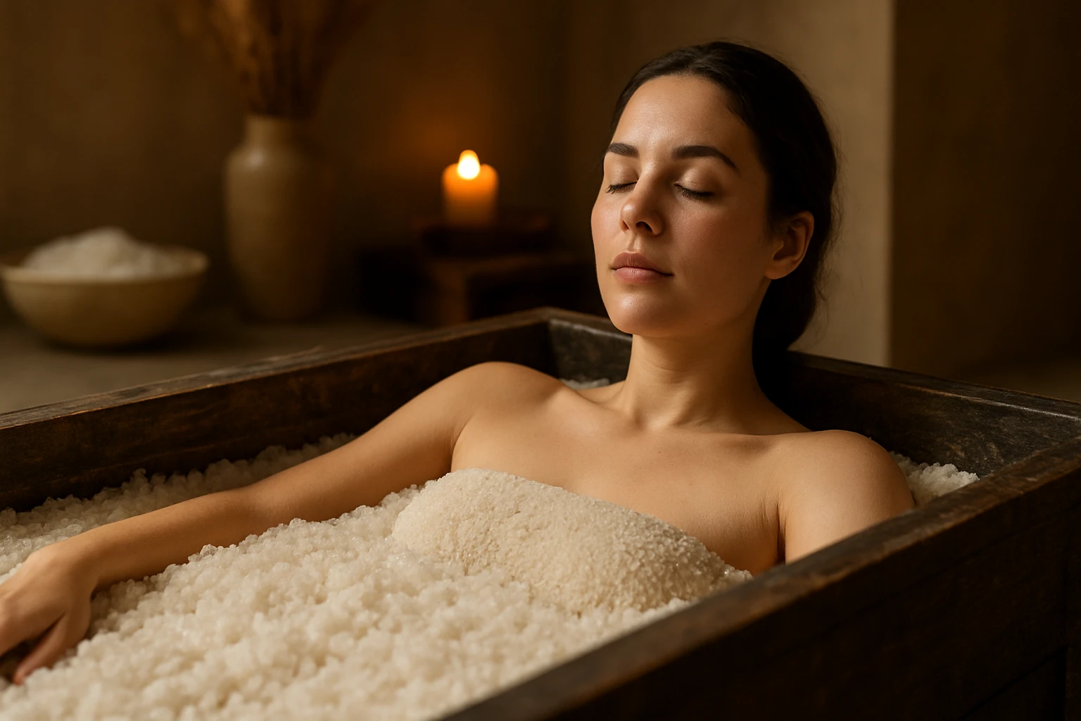Žena relaxuje v soľnom kúpeli s aromatickými sviečkami