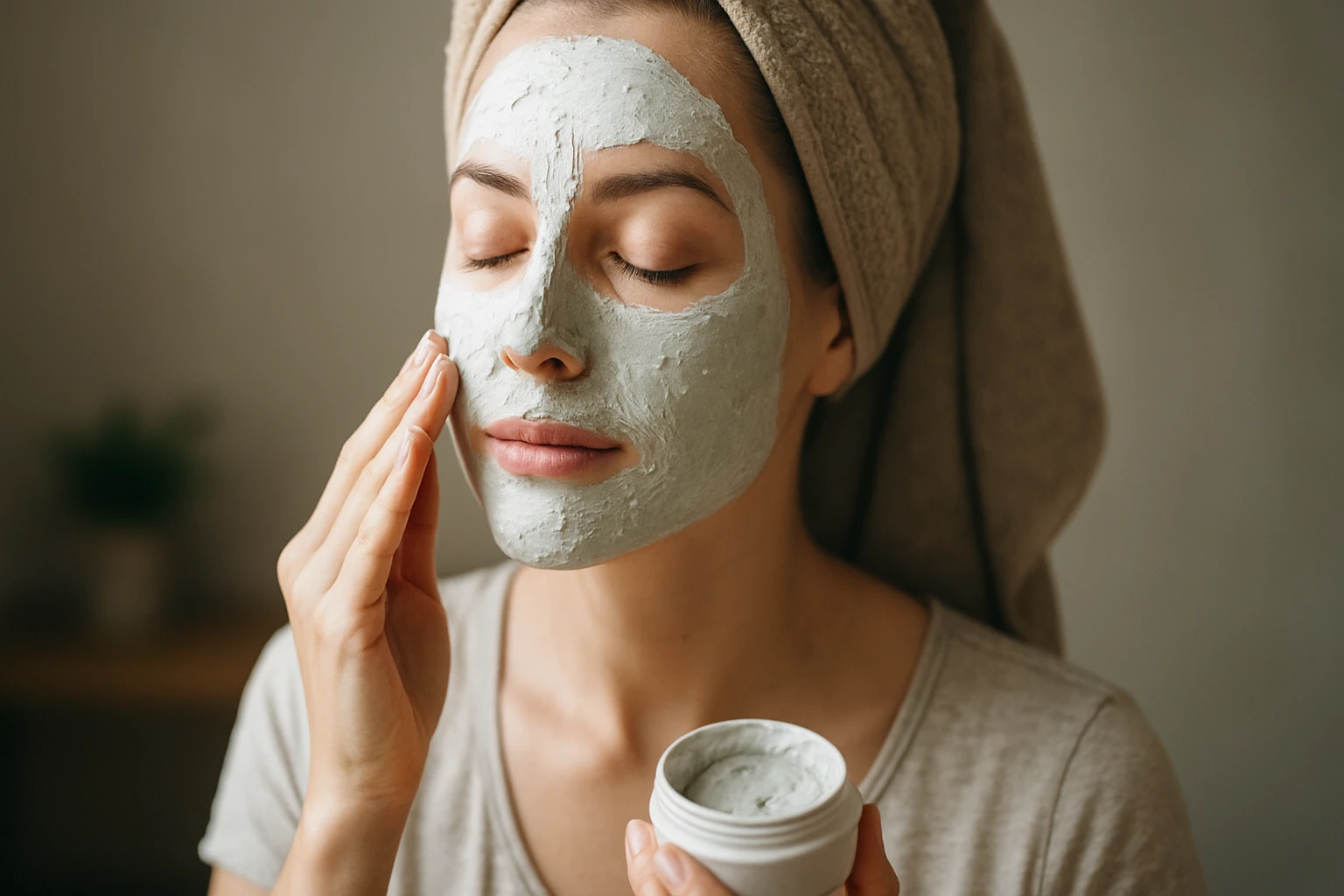 Žena aplikujúca biely íl na tvár pre zdravú pleť.
