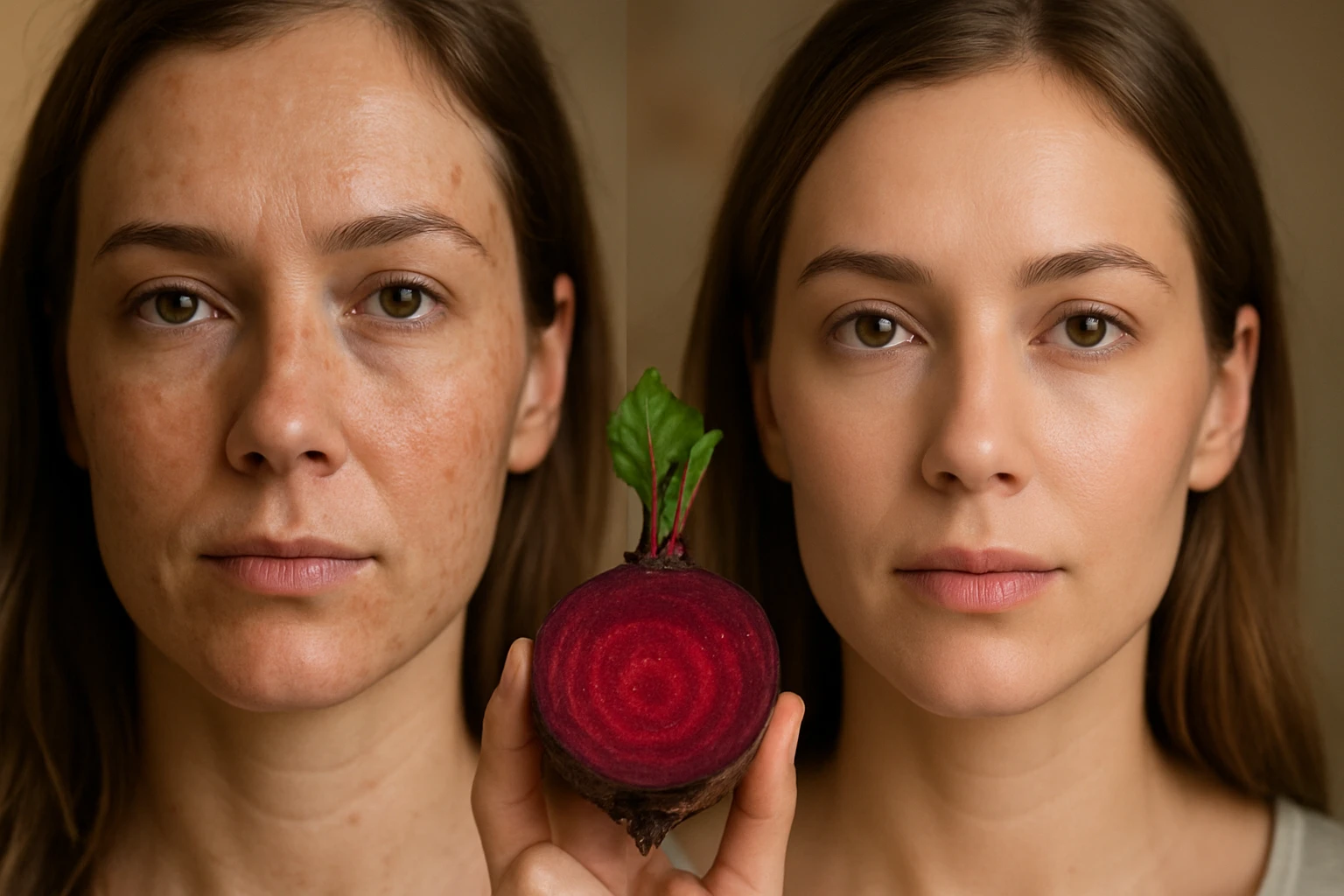 Žena pred a po použití cvikly na pleť rámovanej cviklou.