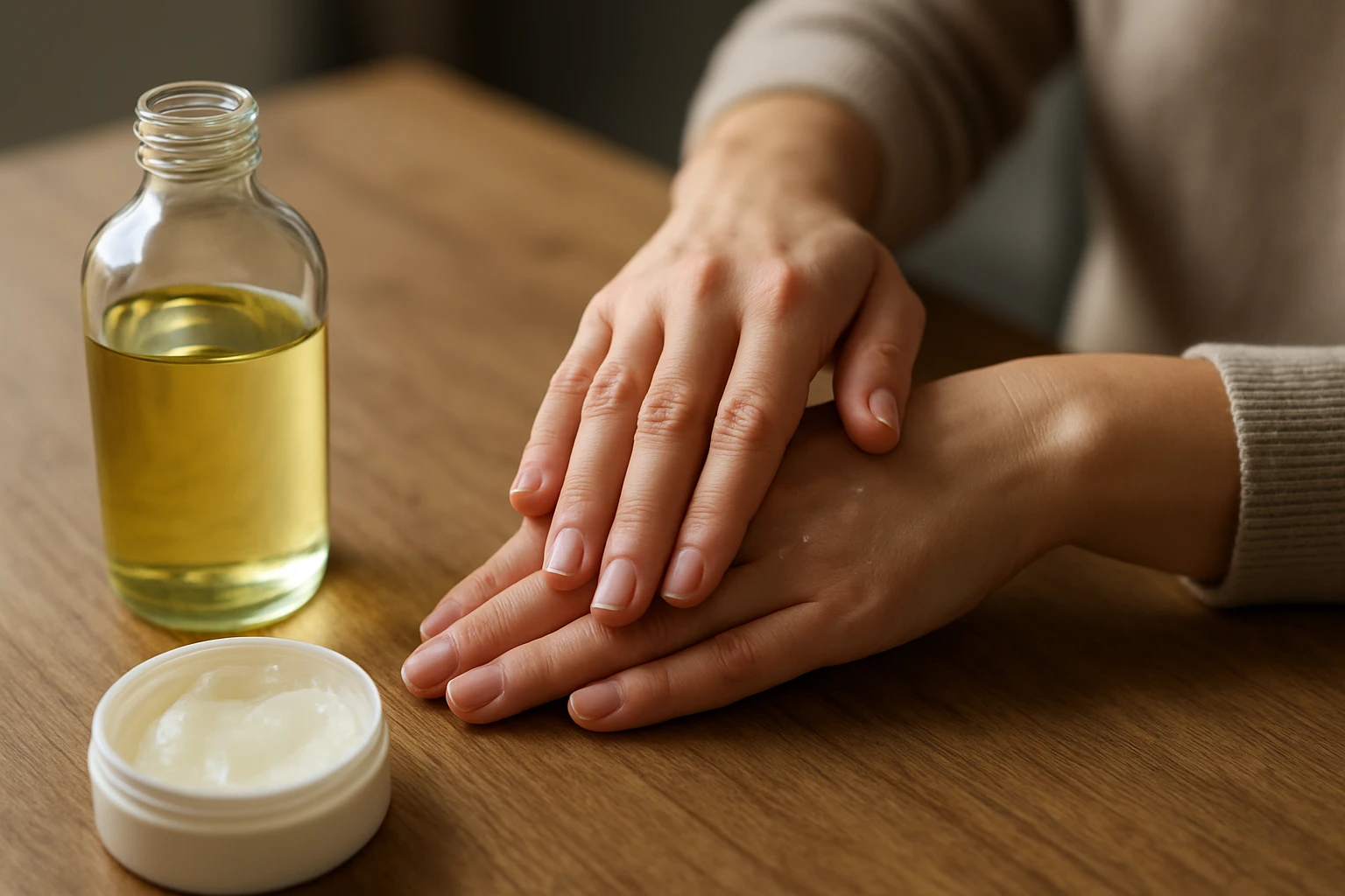 Ruky s parafínovým olejom a krémom na drevenej doske.