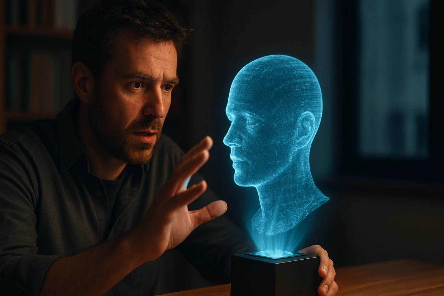 Muž s holografickou hlavou v interiéri
