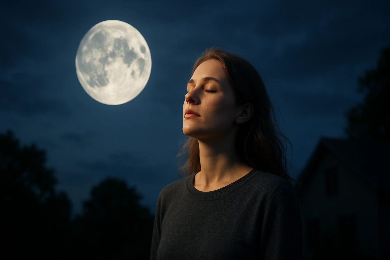 Žena meditujúca pod splnom mesiaca v nočnej oblohe.