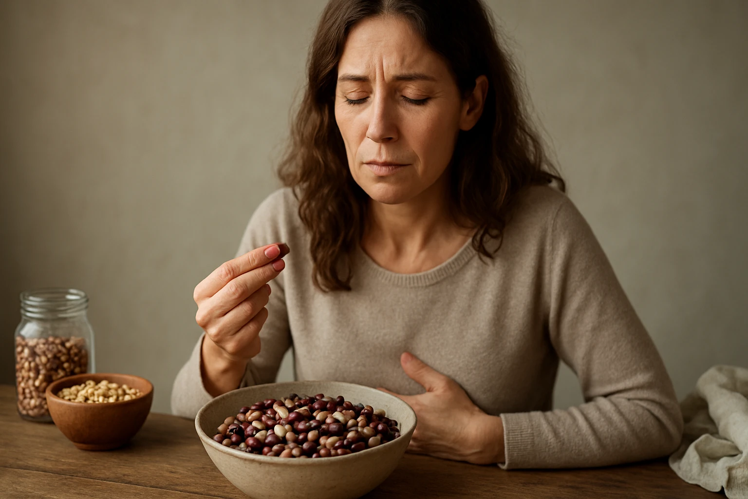 Žena skúša fazuľu, zameraná na zdravie a trávenie.