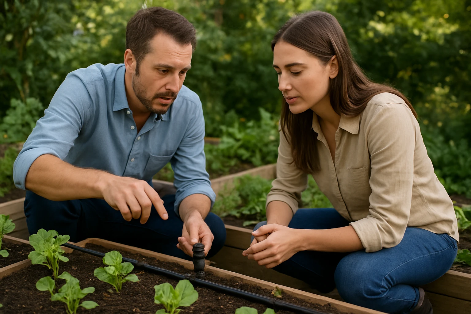 Dvoch záhradníkov, ktorí pracujú s kvapkovou hubou.