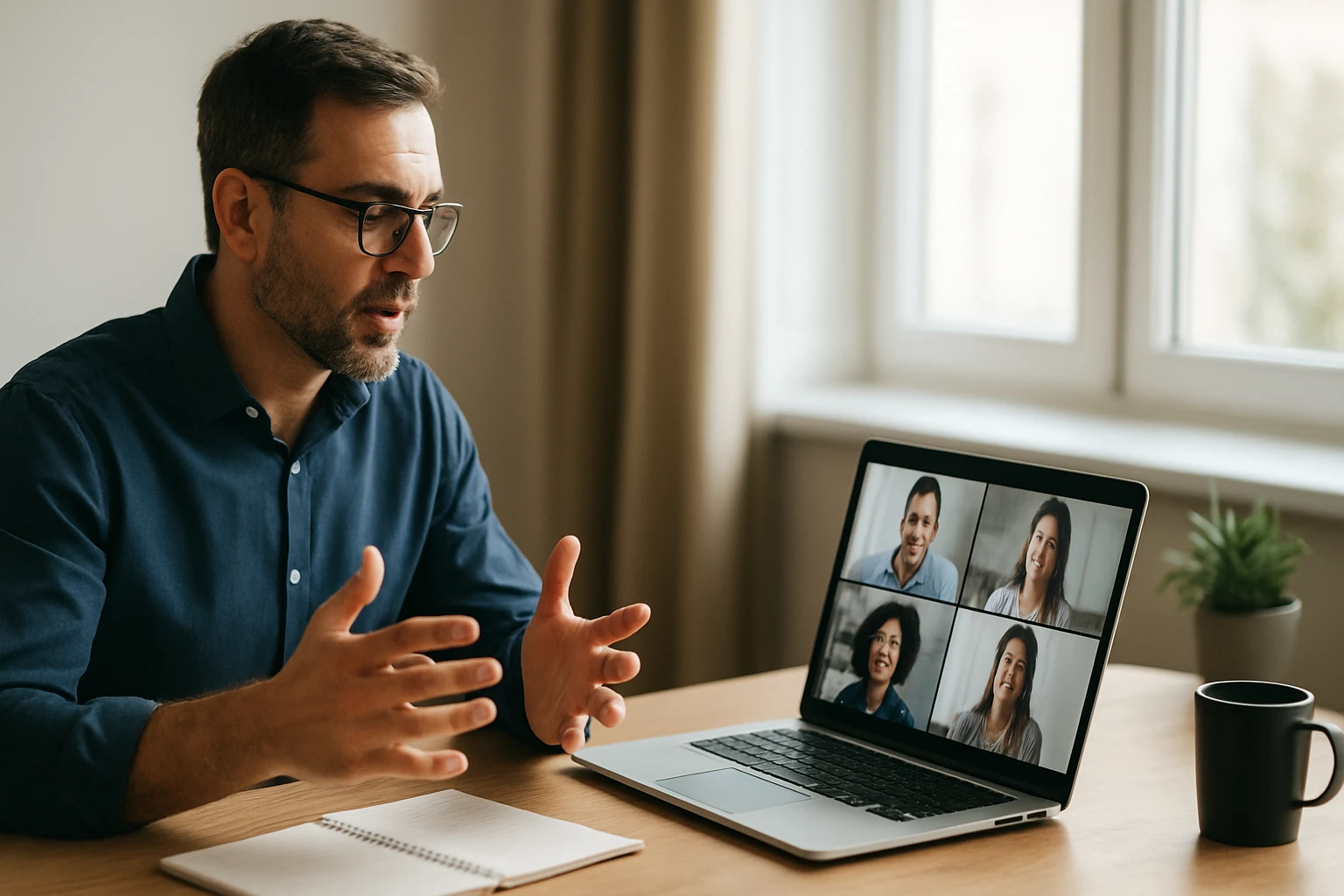 Muž vedie videokonferencia so vzdialenými členmi tímu.