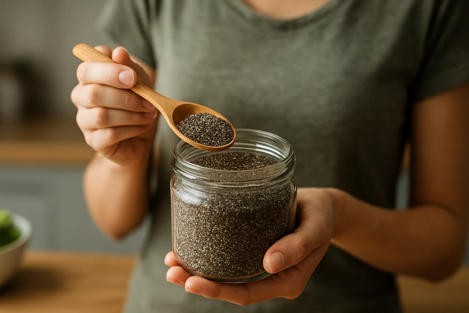 Žena s lyžičkou chia semienok z pohára v kuchyni
