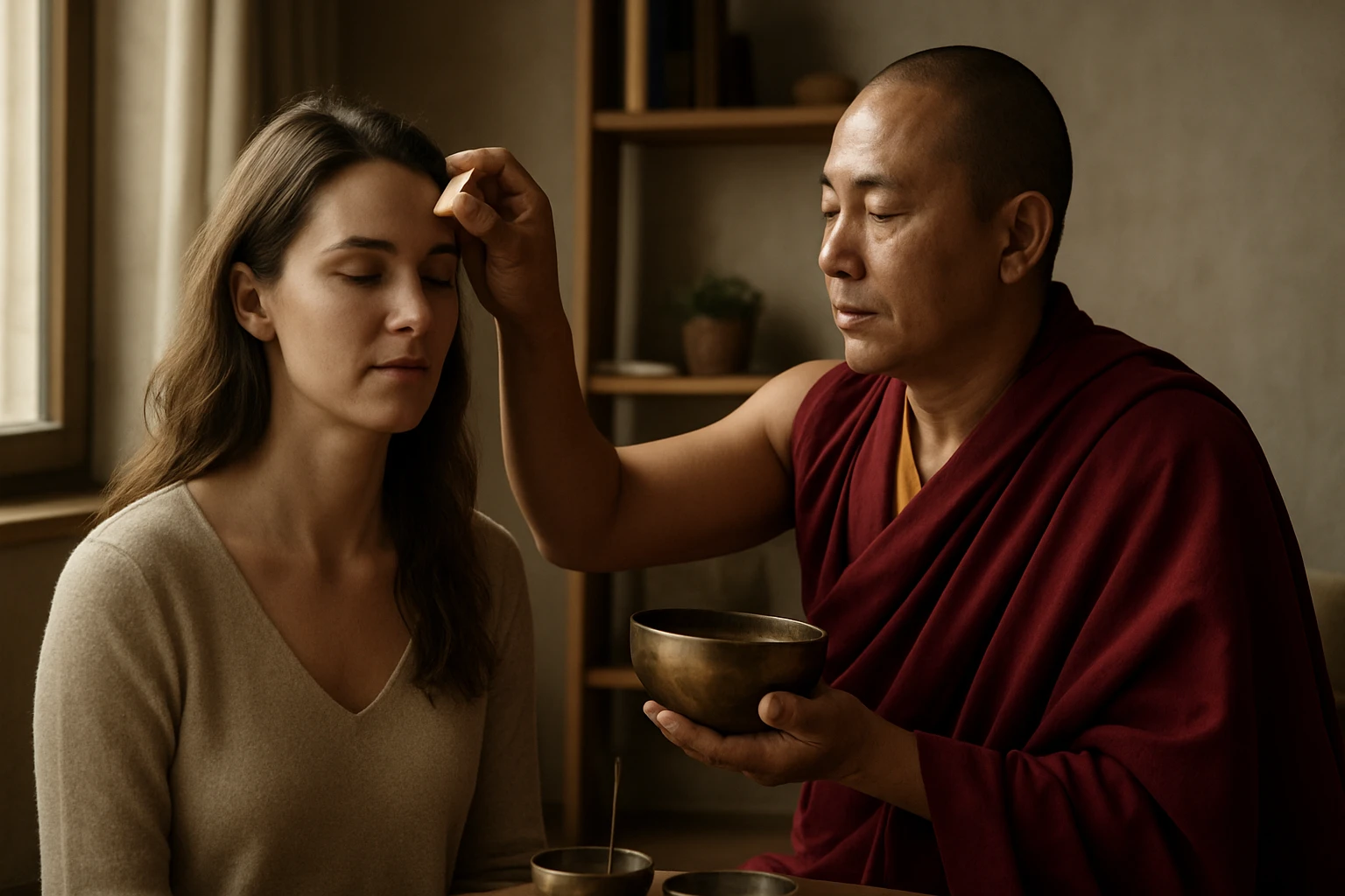 Tibetčan vykonáva rituál omladenia s ženou v zenovej atmosfére.