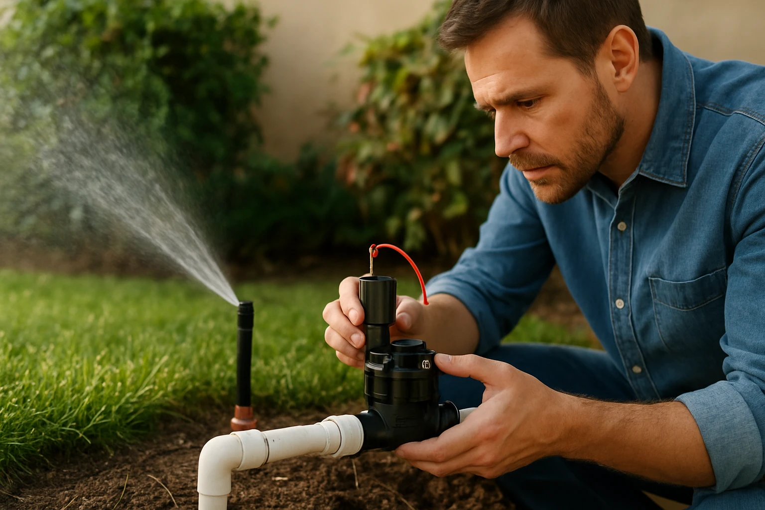 Muži skúmajúci magnetický ventil Rain Bird v záhrade
