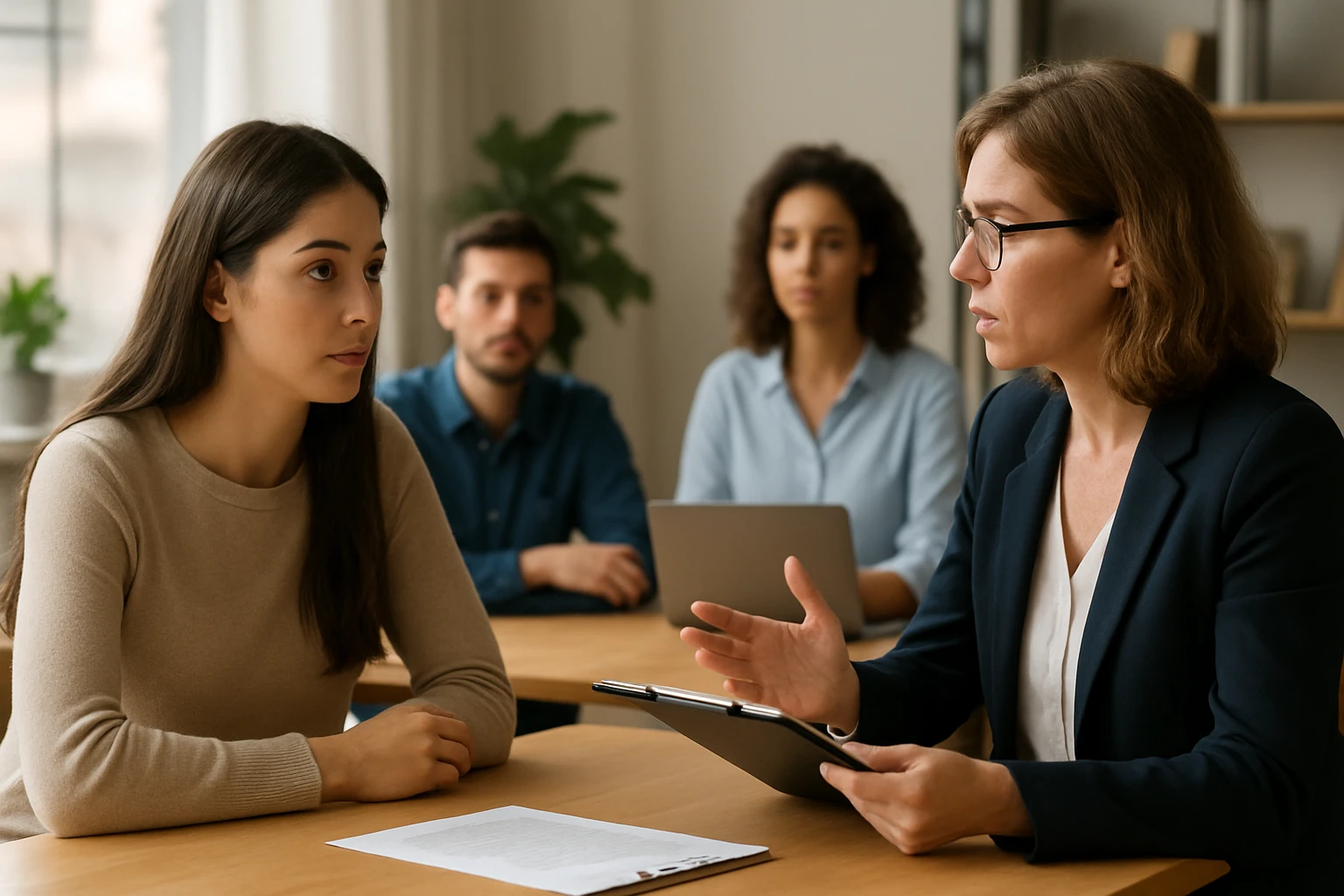 Kariérne poradenstvo: Poradca diskutuje s uchádzačkou o zamestnaní.