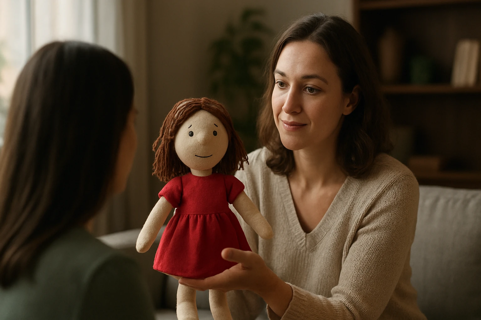 Žena s bábkou počas bábkovej terapie