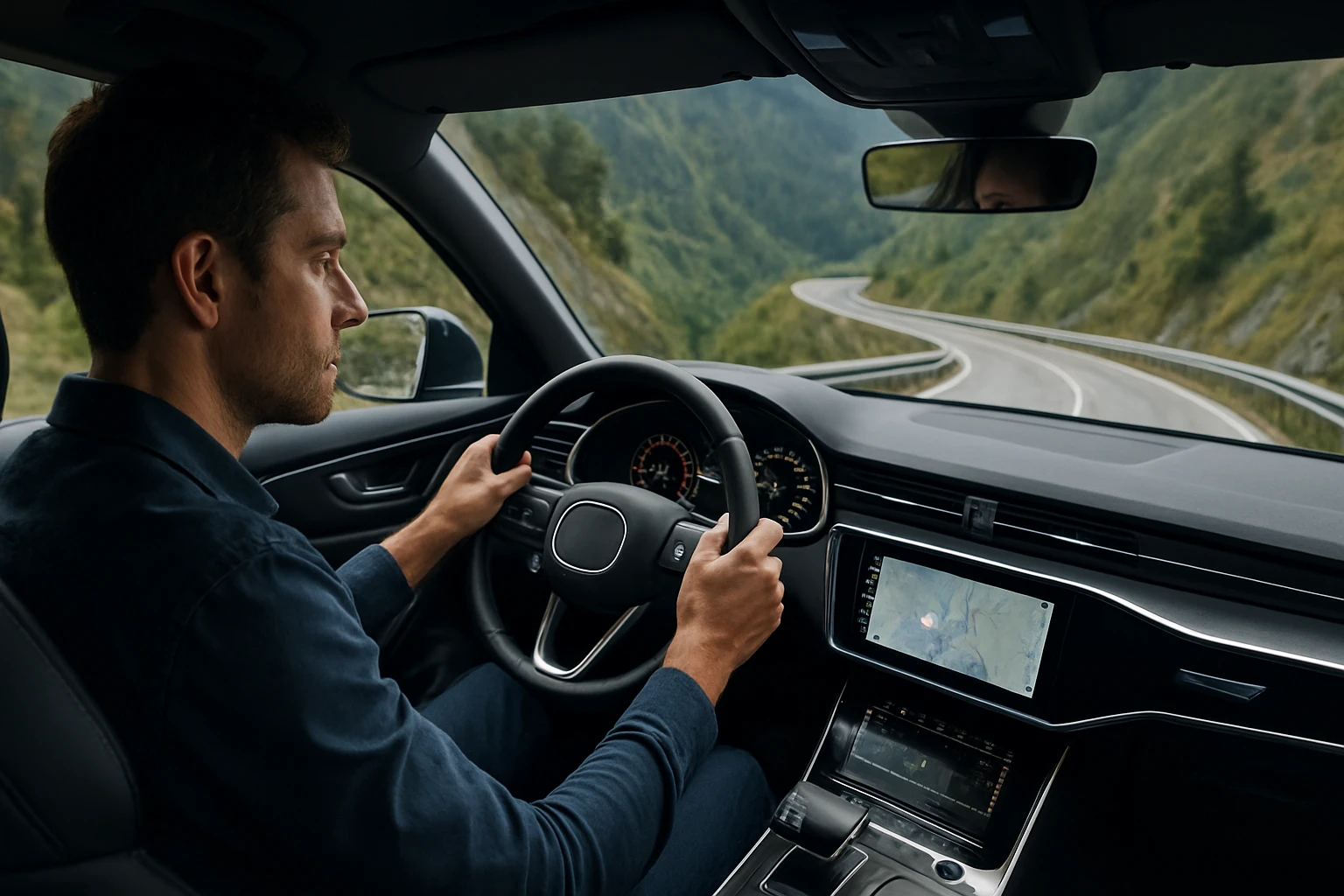 Muž šoféruje moderné auto na strmej ceste