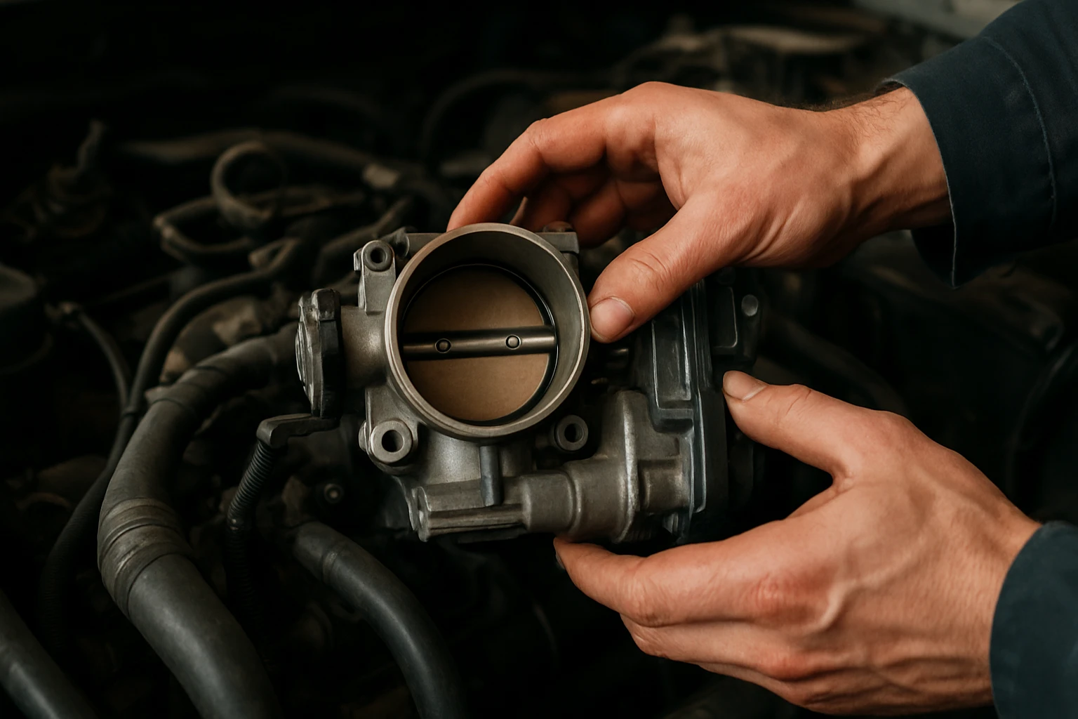 Mechanik drží škrtiacu klapku pri oprave automobilu