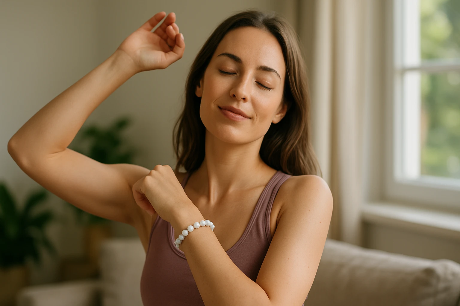Žena s magnezitovým náramkom vyjadruje pohodu a energickú rovnováhu.
